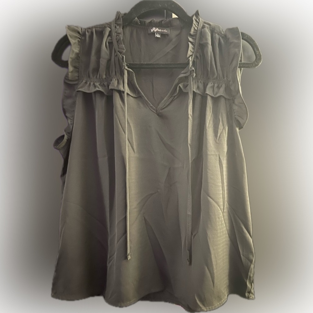 Black V Neck Semi Sheer Blouse with Keyhole Tie & Ruffle Detailing